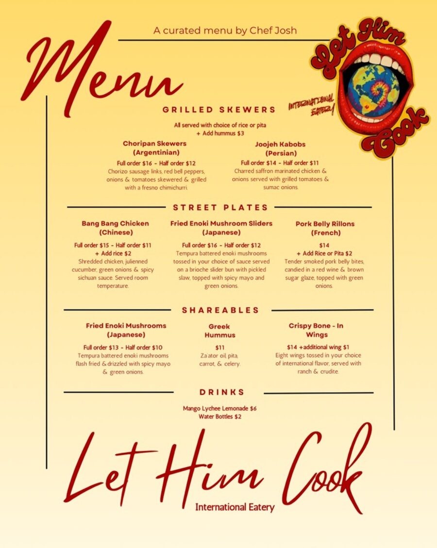 Let Him Cook menu — grilled skewers, street plates, shareables and drinks